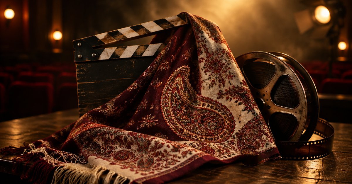 Pashmina movie 2026: embroidered pashmina shawl draped over a film clapperboard and reel in a cinema