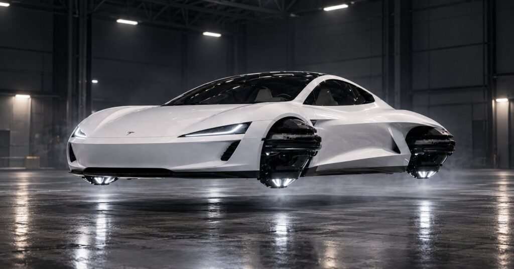Tesla Roadster flying car using thrusters during its 2026 unveiling