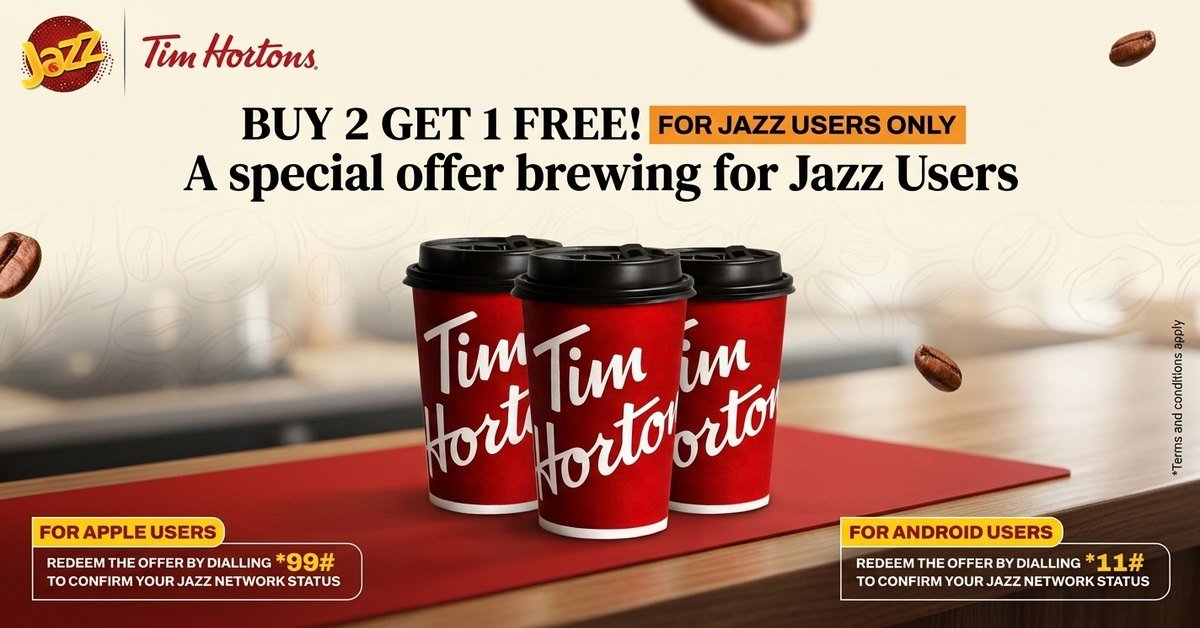 Tim Hortons Jazz offer banner: buy 2 get 1 free for Jazz users, dial *99# on Apple or *11# on Android